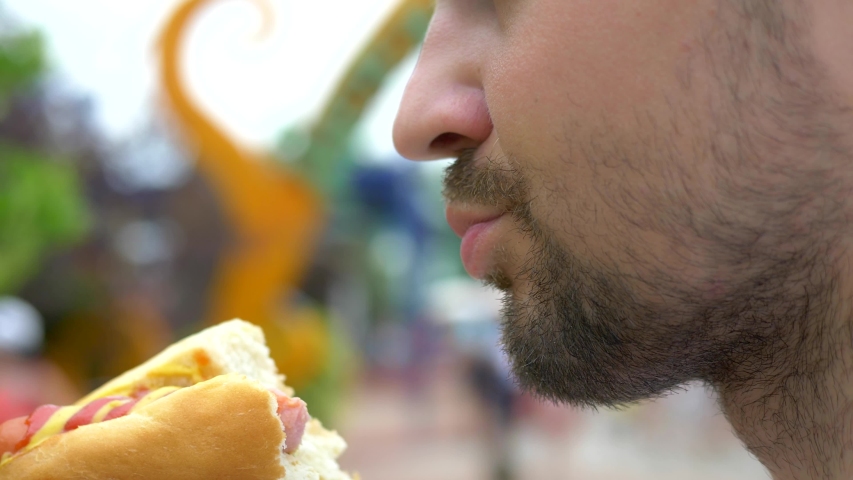 young man eating an appetizing hotdog sitting in the park on the background of walking people, blurred background. Royalty-Free Stock Footage #1034268458