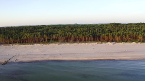 Mielno, Poland, Baltic Sea. Drone flies along shore, forest in slow motion. The drone view looking from the see towards coast and forest. Taken at the sunrise.