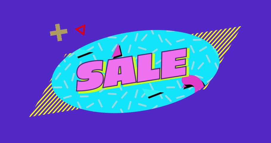 Animation of the word Sale written in pink letters on a blue oval with moving graphic elements on a purple background 4k