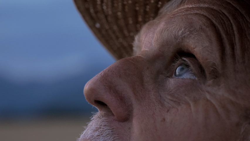 A macro shot of farmer's eyes looking up towards the sky. He observes the clouds, the crops, and nature. Eco bio food is grown with care. | Shutterstock HD Video #1034293544