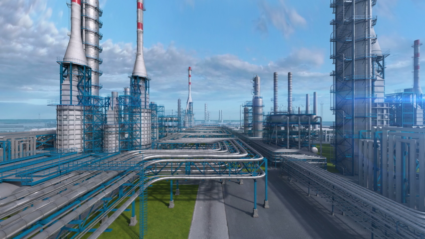 Oil and gas refinery plant factory, industry petroleum zone, pipe steel and oil storage tank at blue day sky. Abstract smooth camera move, aerial drone fly over plant shot. 3D generated image. Royalty-Free Stock Footage #1034300147
