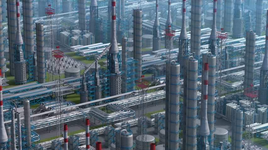 Oil and gas refinery plant factory, orbit view, industry petroleum zone, pipe steel and oil storage tank. Aerial drone fly over plant shot. 3D generated image. Ideal background plan. Royalty-Free Stock Footage #1034300150