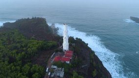 Aerial footage of lighthouse in Baron beach, Gunung Kidul, Yogyakarta, Indonesia view with Indian ocean background
