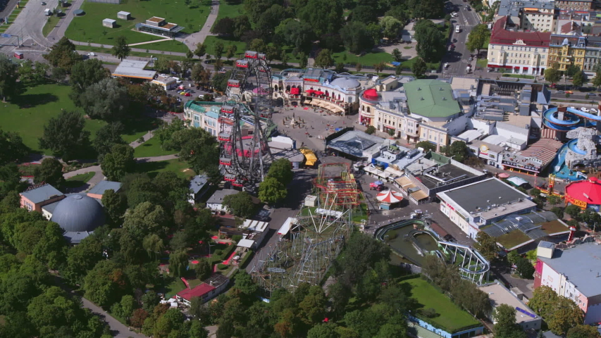Vienna Austria - aerial shot from a helicopter - Prater Riesenrad ferris wheel
