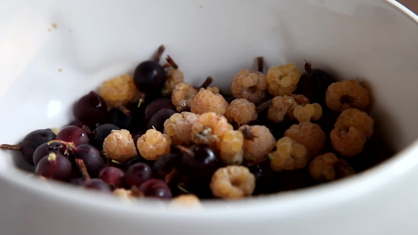 Man is eating gooseberries and raspberries, sitting on veranda of cottage. Summer, outdoor. Latvia
