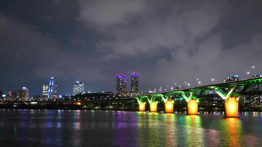 Republic of Korea Seoul, Night City, Cheongdam Bridge, Road Traffic, Han River, Time Raps. July 29, 2019 evening.