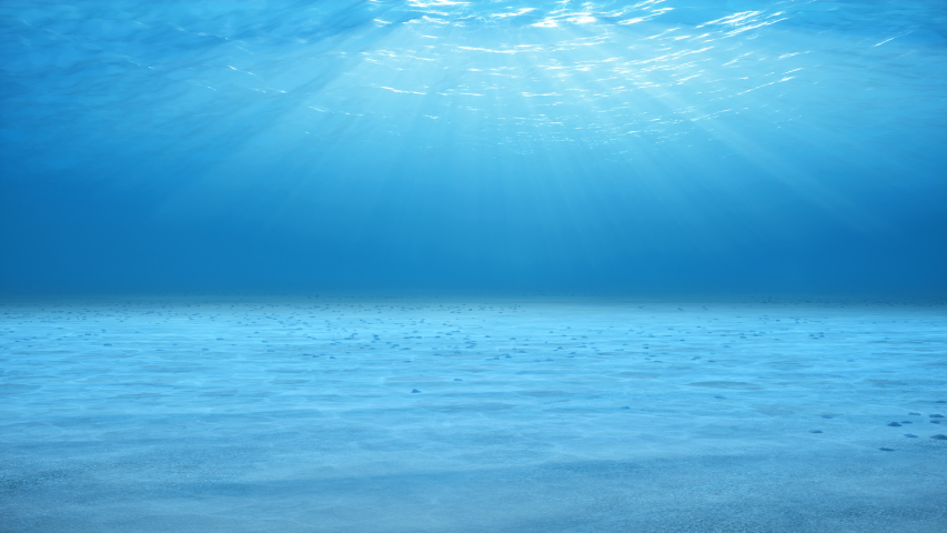 Rays of sunlight shining from above penetrate deep clear blue water. Caustic effect in the seabed. Sunlight beams underwater. Small bubbles move up. Seamless Loop-able 3D Animation 4K Royalty-Free Stock Footage #1034324330