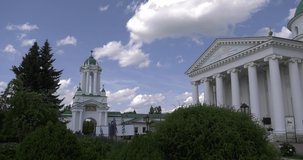 4K high quality bright summer day video of Rostov Spaso-Yakovlevski Monastery churches and cathedrals located on shore of Nero Lake in Yaroslavl Oblast in north-eastern Russia 200 km from Moscow