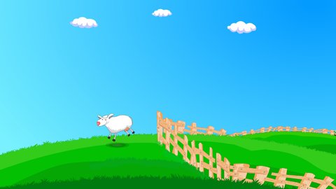 Counting sheep. Sacrificial sheep jumping off the fence and running away.  Green prairie, sheep, blue sky, fences, happy sheep. 2d 4K loop animal 
animation. Can write your slogan in the clean sky.