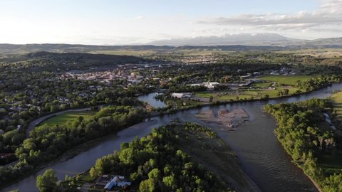 Beautiful drone shot over the Yellowstone River and Livingston Montana.