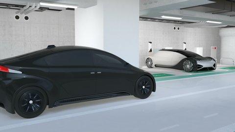 A black car passing a silver electric car in underground  parking lot. The silver car charging in charging station. 3D rendering animation.