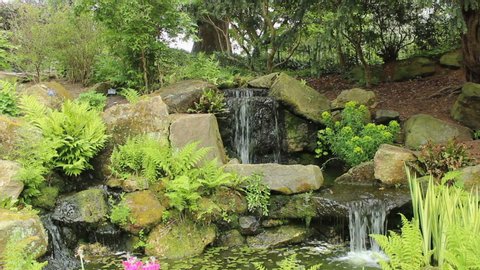 View of three waterfalls at the park/garden in a Japanese style. Feng shui - Relaxing Endless Loop. Perfect for meditation