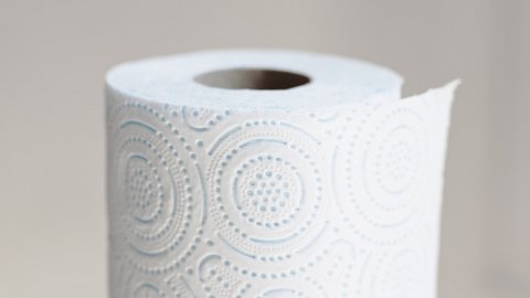 Roll of toilet or kitchen paper rotating slowly in front of a plain blank background
