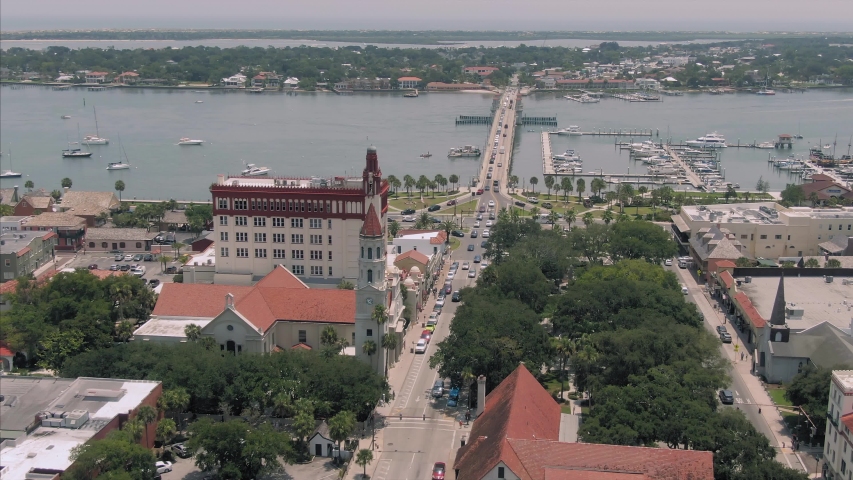Aerial: Establishing shot of St Augustine. Florida, USA 