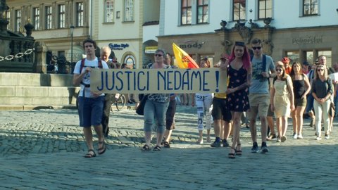 OLOMOUC, CZECH REPUBLIC, JUNE 11, 2019: Demonstration of people crowd against the Prime Minister Andrej Babis , a banner with we will protect the judiciary justice