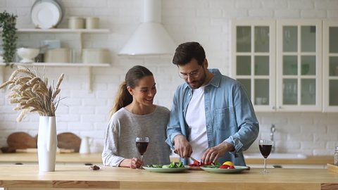 Happy young family couple enjoy cooking talking together in kitchen, husband cut healthy vegetable salad chatting with smiling wife food wine on table prepare healthy meal on romantic dinner at home