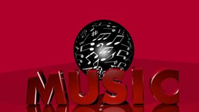 Music planet abstract video. Black sphere with white music notes rotating, red inscription Music, 3d render movie with musical thema on red background. Disco, night club , music club announcement