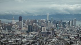This sweeping cinematic, moody view of downtown San Francisco in 2019 on a cloudy day is an amazing establishing setting clip.  Shot in stunning 4K UHD resolution.