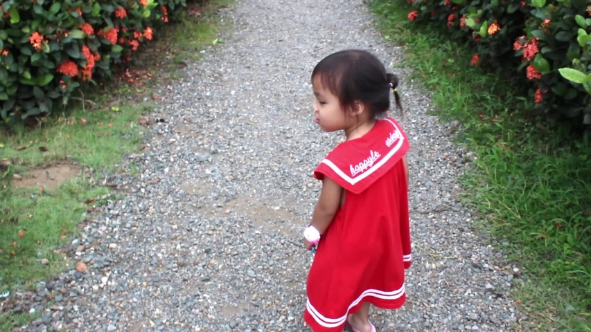 Asian little child girl walks happily to looking flowers in the garden.