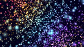 Abstract animated illustration with many colored moving particles in a dark space simulating infinite space