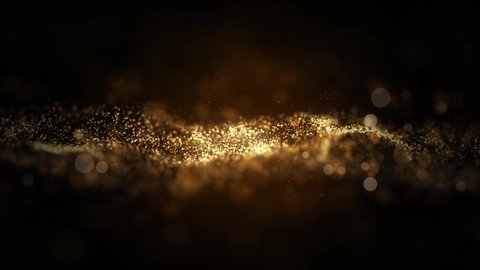 Abstract premium gold wave particles shining in the dark background at center of screen
