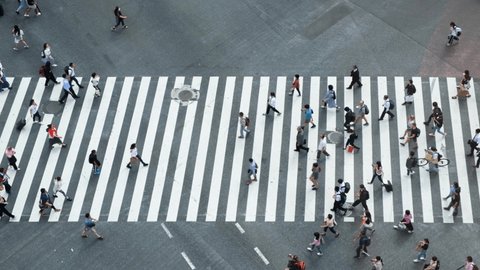 Aerial view of pedestrians walking at Shibuya Crossing. The scramble crosswalk is one of the largest in the world. Shibuya, Tokyo, Japan. Arkivvideo