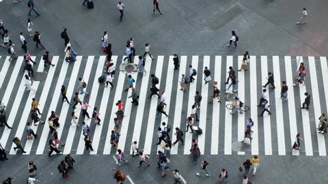 Aerial view of pedestrians walk at Shibuya Crossing. The scramble crosswalk is one of the largest in the world. Shibuya, Tokyo, Japan.