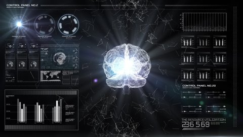 AI Artificial intelligence digital brain. Digital panel with central brain of humanity. Data deep learning computer machine.