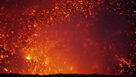 Volcanic Eruption, Close Up, Slowmotion. Lava From Active Volcano Comes Out in Atmosphere. Vanuatu, Oceania