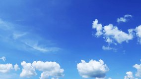 Beautiful Sunny blue sky & white cumulus clouds formation building TimeLapse. Nature texture background of Moving cloudscape in tropical bright summer vibes sunlight at scenic relax sunshine day     