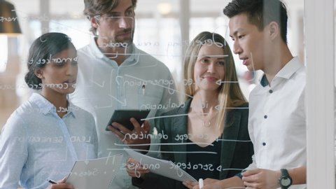 group of business people brainstorming writing ideas on glass whiteboard colleagues working on problem solving solution discussing strategy teamwork in office meeting 4k