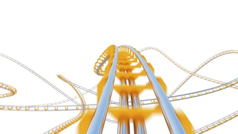Beautiful Ride on Roller-Coaster Extremely Fast on White Background Seamless. Looped 3d Animation of Abstract Roller Coaster Attraction Curvy Railway. Entertainment Concept. 4k Ultra HD 3840x2160. 