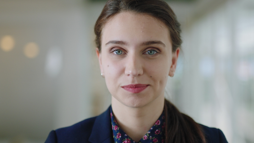 portrait happy caucasian business woman smiling enjoying successful career proud entrepreneur in office workplace testimonial 4k footage