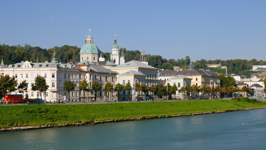 Timelapse of Salzach riverside in Salzburg, Austria.