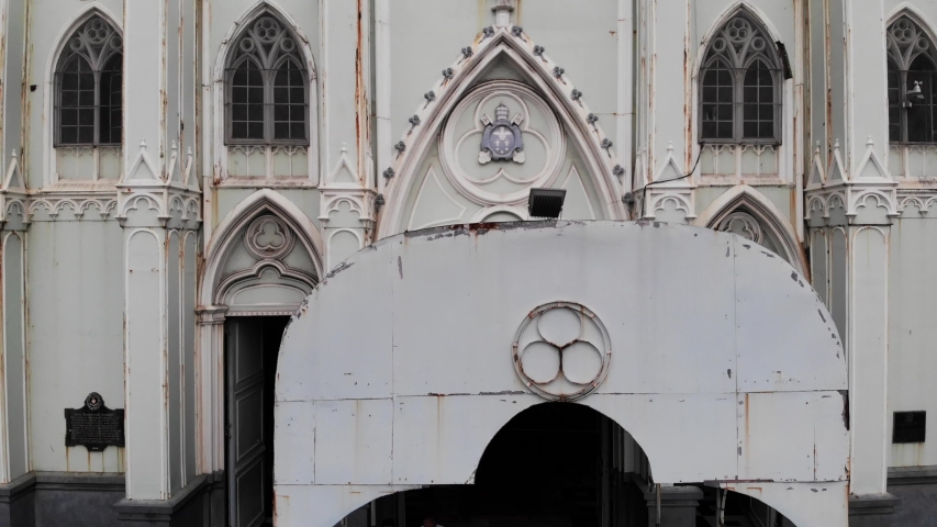 Aerial footage of Amazing Beautiful of Facade of San Sebastian Church, Manila