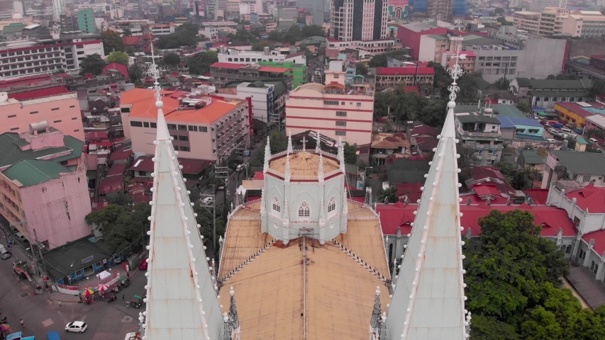 Aerial footage of Amazing Beautiful of Facade of San Sebastian Church, Manila