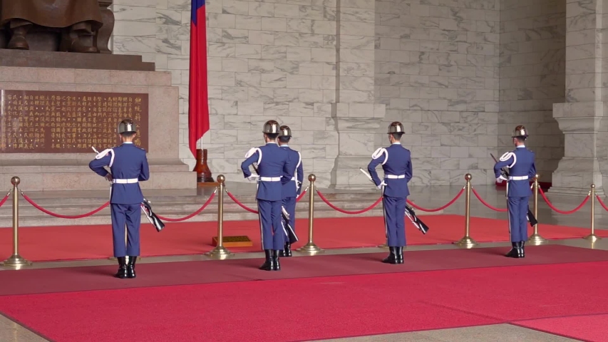 Guards Change Ceremony at Chiang Kai Shek Memorial Bronze Statue Hall in Taipei, Taiwan