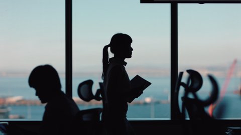 silhouette business woman walking through office female executive arriving at workplace