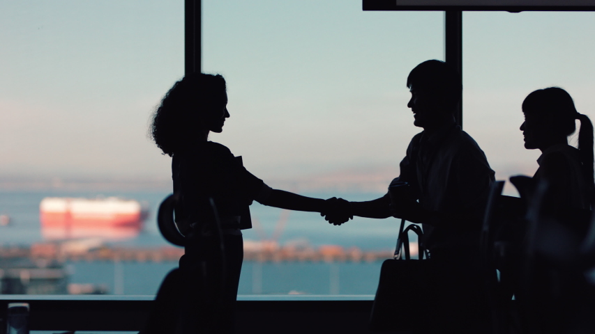 silhouette business people shaking hands consultant greeting international clients with handshake planning partnership deal female executive meeting shareholders in corporate office at sunset - Powered by Shutterstock - Get 15% off with code: PIKWIZARD15
