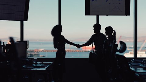 silhouette business people shaking hands consultant greeting international clients with handshake planning partnership deal female executive meeting shareholders in corporate office at sunset