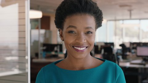 portrait african american business woman smiling with confidence female office manager enjoying successful career in corporate management professional at work