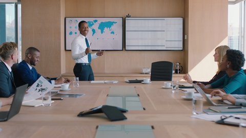 businessman presenting financial data on tv screen sharing project with shareholders team leader briefing colleagues discussing company growth ideas in office boardroom presentation