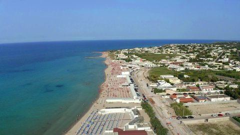 Aerial view,flight at  public beach by the sea, Spiaggiabella Beach,, Torre Rinalda, Lecce, Apulia, Italy