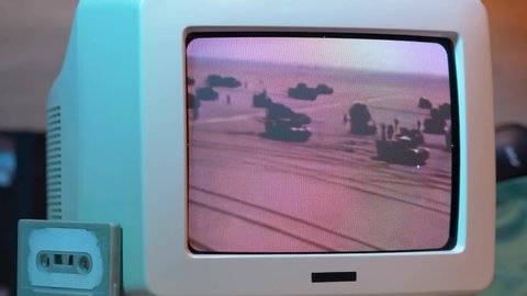 MONTREAL, CANADA - JUNE 2019 Gulf war footage on a vintage old TV set from the 80s 90s. Retro concept