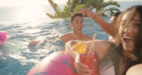 beach friends woman taking video using smartphone in swimming pool sharing fun summer vacation at luxury hotel resort on social media enjoying travel holiday 4k