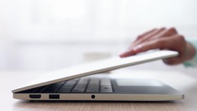 Woman freelancer working on laptop at home-office. Close up of female hands opening and closing computer with one hand. Businesswoman writing business letter at work. Dolly shot of typing on keyboard - Powered by Shutterstock - Get 15% off with code: PIKWIZARD15