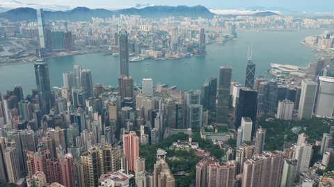 Hong Kong, China - May 28, 2019: 4k aerial video of Victoria Harbour in Hong Kong
