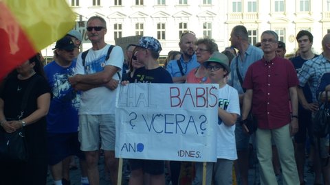 PRAGUE, CZECH REPUBLIC, JUNE 11, 2019: Demonstration of people crowd against the Prime Minister Andrej Babis, a banner with a draw with Babis lied yesterday today