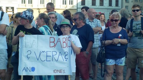 PRAGUE, CZECH REPUBLIC, JUNE 11, 2019: Demonstration of people crowd against the Prime Minister Andrej Babis, a banner with a draw with Babis lied yesterday today