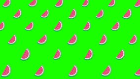 Light cartoon watermelon's background with lots of small rotating watermelons icons. Animation. Beautiful cartoon animation, abstract graphics in trendy colors and style.